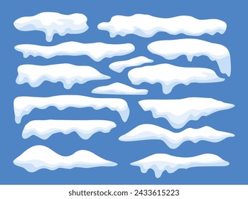 Set of white snowy cape set collection on blue background,  snowdrifts set, Winter element, border frame snow decoration. cartoon flat decoration with snowflakes, icicles isolated on blue.