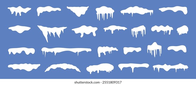 Set of white snowy cape set collection on blue background, snowdrifts set, Winter element, border frame snow decoration. cartoon flat decoration with snowflakes, icicles isolated on blue.