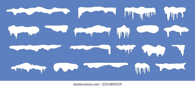 Set of white snowy cape set collection on blue background, snowdrifts set, Winter element, border frame snow decoration. cartoon flat decoration with snowflakes, icicles isolated on blue.