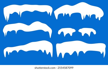 Set of white snowy cape set collection on blue background. Snow. Snowdrifts. Flat style. Frozen. For your design.
