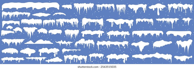 Set of white snowy cape set collection on blue background, snowdrifts set, Winter element, border frame snow decoration. cartoon flat decoration with snowflakes, icicles isolated on blue.