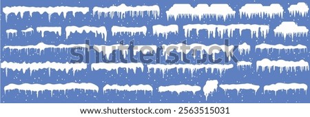 Set of white snowy cape set collection on blue background, snowdrifts set, Winter element, border frame snow decoration. cartoon flat decoration with snowflakes, icicles isolated on blue.