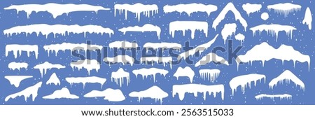 Set of white snowy cape set collection on blue background, snowdrifts set, Winter element, border frame snow decoration. cartoon flat decoration with snowflakes, icicles isolated on blue.
