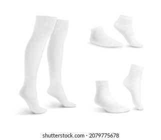 Set of white socks of different models. Vector illustration.