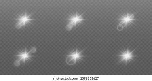 Set of white special effects of light and flashes, lens flare.