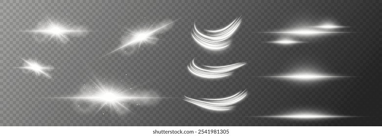 Set of white special effects, magic of moving fast laser beams. Lines of light, flash of stars.
