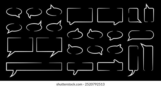 Set of white speech bubbles. graphic design elements for text and messages, black outline text boxes. Vector illustration.