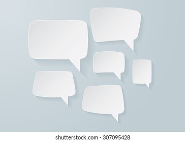 Set of white speech bubbles. Paper style speech, chat, dialog, conversation, communication bubbles. Group networking, creating connections, discussions of ideas. Vector illustration.