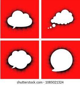 Set of white speech clouds with dotted shadow on red background. Vector paper illustration.