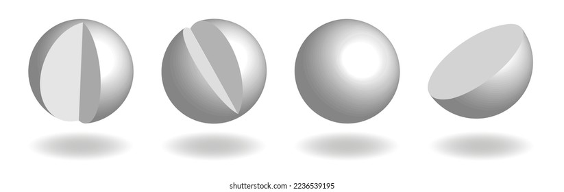 Set of white spheres on white background. Whole and cut balls with shadows.