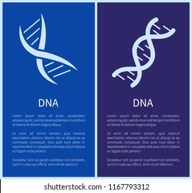 Set of white spirals isolated on blue backdrops, different forms DNA chains with genetic information, framed vector illustrations, text sample