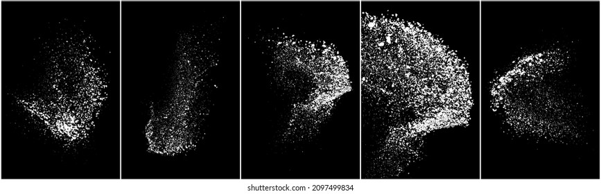 Set of white splashes isolated on black background. Abstract vector explosion. Digitally generated image. Illustration, EPS 10.