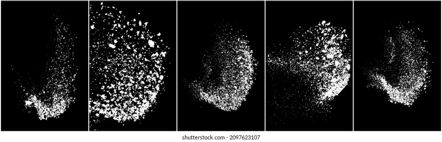 Conjunto de salpicaduras blancas aisladas en el fondo negro. Explosión de vector abstracta. Imagen generada digitalmente. Ilustración, EPS 10.