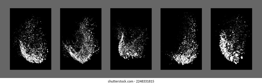 Set of white splashes isolated on black background. Abstract vector explosion. Digitally generated image. Illustration, EPS 10.
