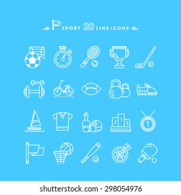 Set of white sport thin, lines, outline icons in flat design on blue background. Hockey, bat, stick, racket, tennis, baseball, tennis ball. For website and mobile applications 