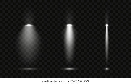 A set of white spotlight effects on a dark background. Collection of vector flares. White glare. Vector illustration EPS10