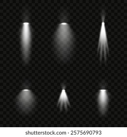 A set of white spotlight effects on a dark background. Collection of vector flares. White glare. Vector illustration EPS10