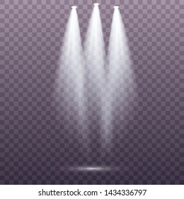 Set of the white spotlight shines on the stage, scene, podium. Exclusive use lens flash light effect from a lamp or spotlight.  Vector