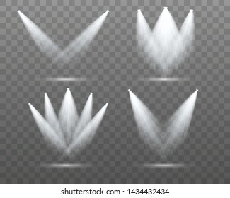 Set of the white spotlight shines on the stage, scene, podium. Exclusive use lens flash light effect from a lamp or spotlight.  Vector