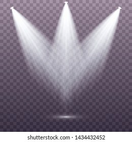 Set of the white spotlight shines on the stage, scene, podium. Exclusive use lens flash light effect from a lamp or spotlight.  Vector