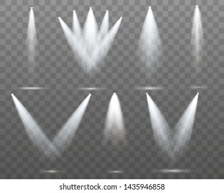 Set of the white spotlight shines on the stage, scene, podium. Exclusive use lens flash light effect from a lamp or spotlight.  Vector