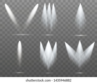 Set of the white spotlight shines on the stage, scene, podium. Exclusive use lens flash light effect from a lamp or spotlight.  Vector