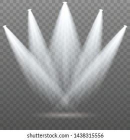 Set of the white spotlight shines on the stage, scene, podium. Exclusive use lens flash light effect from a lamp or spotlight.  Vector