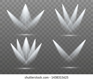 Set of the white spotlight shines on the stage, scene, podium. Exclusive use lens flash light effect from a lamp or spotlight.  Vector