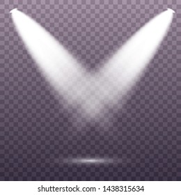 Set of the white spotlight shines on the stage, scene, podium. Exclusive use lens flash light effect from a lamp or spotlight.  Vector