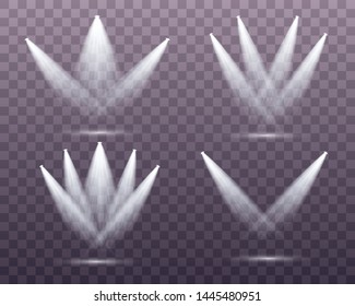 Set of the white spotlight shines on the stage, scene, podium. Exclusive use lens flash light effect from a lamp or spotlight.  Vector
