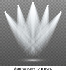 Set of the white spotlight shines on the stage, scene, podium. Exclusive use lens flash light effect from a lamp or spotlight.  Vector