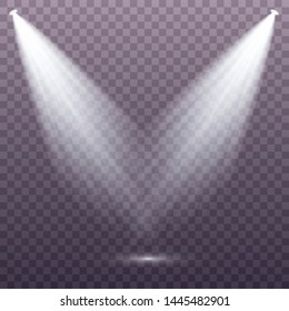 Set of the white spotlight shines on the stage, scene, podium. Exclusive use lens flash light effect from a lamp or spotlight.  Vector