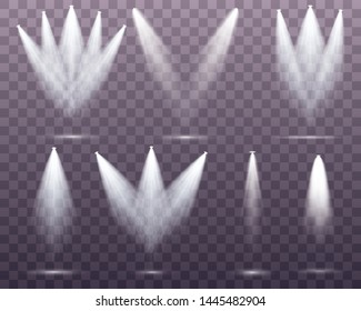 Set of the white spotlight shines on the stage, scene, podium. Exclusive use lens flash light effect from a lamp or spotlight.  Vector