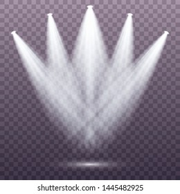 Set of the white spotlight shines on the stage, scene, podium. Exclusive use lens flash light effect from a lamp or spotlight.  Vector