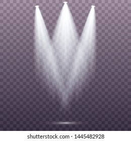 Set of the white spotlight shines on the stage, scene, podium. Exclusive use lens flash light effect from a lamp or spotlight.  Vector