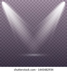 Set of the white spotlight shines on the stage, scene, podium. Exclusive use lens flash light effect from a lamp or spotlight.  Vector