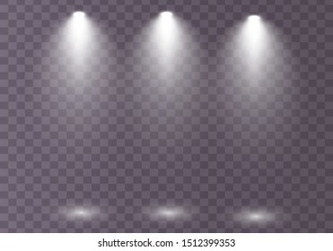 Set of the white spotlight shines on the stage, scene, podium. Exclusive use lens flash light effect from a lamp or spotlight. Light effect. Vector