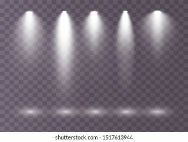 Set of the white spotlight shines on the stage, scene, podium. Exclusive use lens flash light effect from a lamp or spotlight. Light effect. Vector