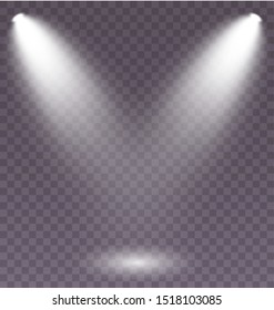Set of the white spotlight shines on the stage, scene, podium. Exclusive use lens flash light effect from a lamp or spotlight. Light effect. Vector