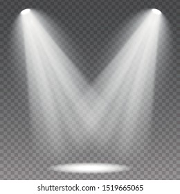 Set of the white spotlight shines on the stage, scene, podium. Exclusive use lens flash light effect from a lamp or spotlight.  Vector