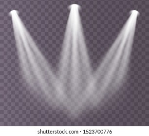 Set of the white spotlight shines on the stage, scene, podium. Exclusive use lens flash light effect from a lamp or spotlight. Light effect. Vector