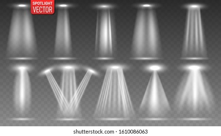Set of the white spotlight shines on the stage, scene, podium. Bright lighting with spotlights. Scene illumination collection. Spot lighting of the stage.  Vector illustration EPS10