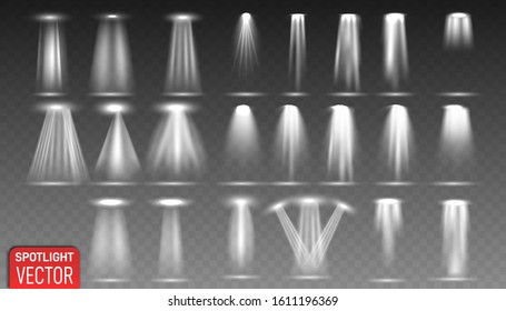 Set of the white spotlight shines on the stage, scene, podium. Bright lighting with spotlights. Scene illumination collection. Spot lighting of the stage.  Bright lighting with spotlights. 