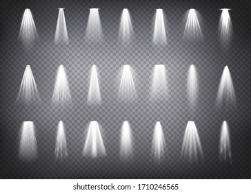 Set of the white spotlight shines on the stage, scene, podium. scene illumination collection. 