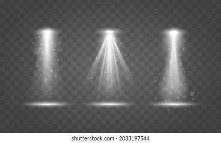 Set of the white spotlight shines on the stage, scene, podium. Floodlight. Scene for the award ceremony. Bright lighting with spotlights on transparent background. Pedestal. Vector illustration.