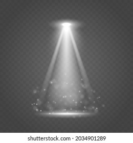 Set of the white spotlight shines on the stage, scene, podium. Bright lighting with spotlights on transparent background. Scene for the award ceremony. Floodlight. Pedestal. Vector illustration.