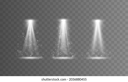 Conjunto de foco blanco brilla en el escenario, escena, podio. Luz de las inundaciones. Escena de la ceremonia de premiación. Luces luminosas con focos en fondo transparente. Pedestal. Ilustración vectorial.