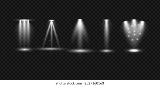 Set of the white spotlight shines on transparent background. Floodlight. Christmas lights overlay. Vector illustration