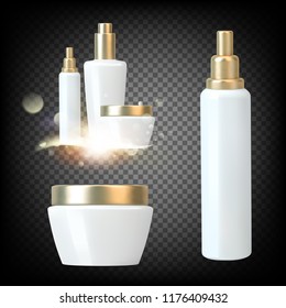 Set with white spray bottles on black transparent background. Plastic bottle of shampoo. Hair collagen spray. Vector collection.