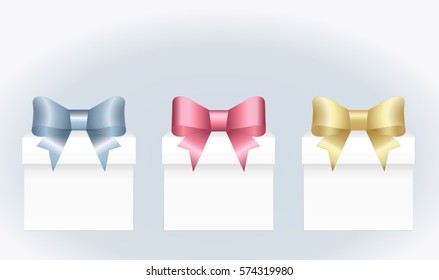  Set of White Square Gift Box with place for your text and with   Bow Isolated on  Background. Vector image.
